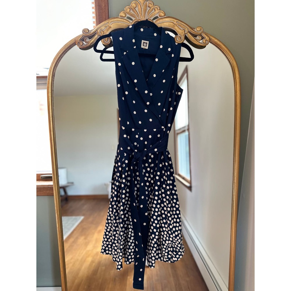 New Anne Klein Womens Navy/White Polka Dot Faux‑Wrap Pleated Fit Flare Dress